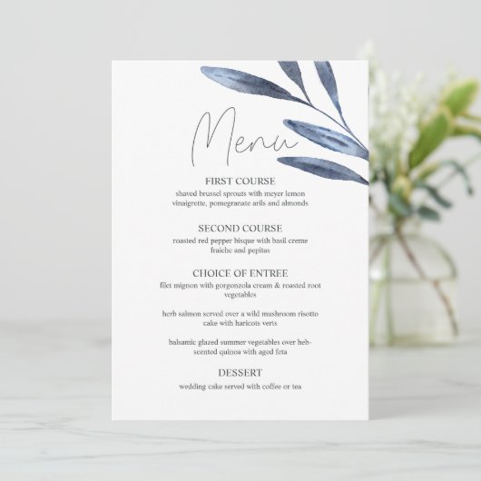 Dusty Blue Rozen Bloemen Boho Bruiloft Menu (Staand voorkant)
