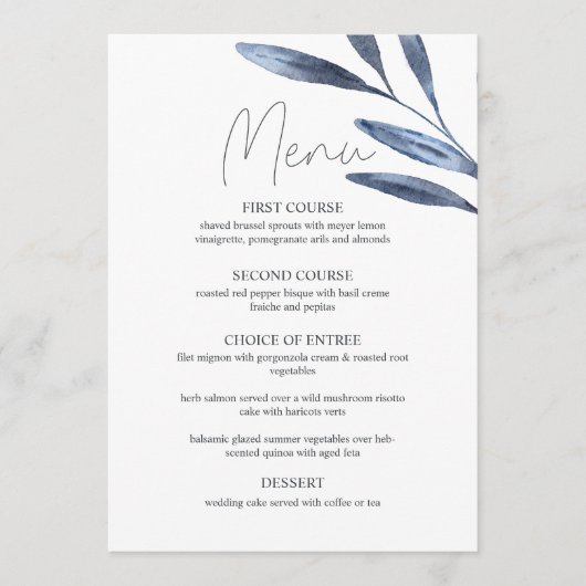 Dusty Blue Rozen Bloemen Boho Bruiloft Menu (Voorkant)