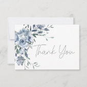Dusty Blue Rozen Bloemen Script Bruiloft Bedankkaart (Voorkant)
