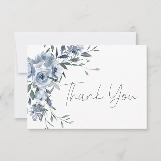 Dusty Blue Rozen Bloemen Script Bruiloft Bedankkaart (Voorkant)