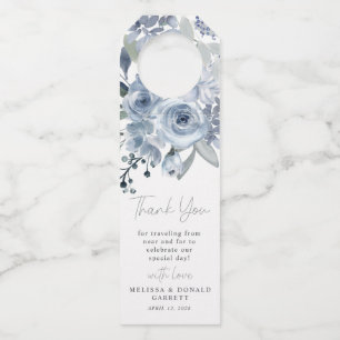 Dusty Blue Rozen bloemenscript bruiloft dank u Flessenhanger