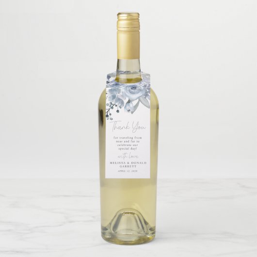 Dusty Blue Rozen bloemenscript bruiloft dank u Flessenhanger (Op fles)