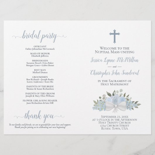 Dusty Blue Rozen DIY Vouw Katholiek Trouwprogramma (Voorkant)