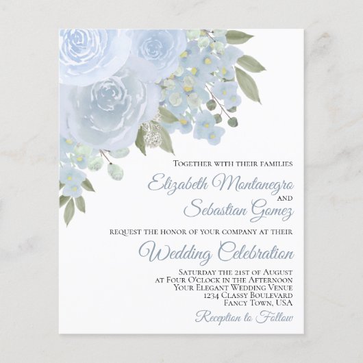 Dusty Blue Rozen Elegant BUDGET Weduwuitnodiging (Voorkant)