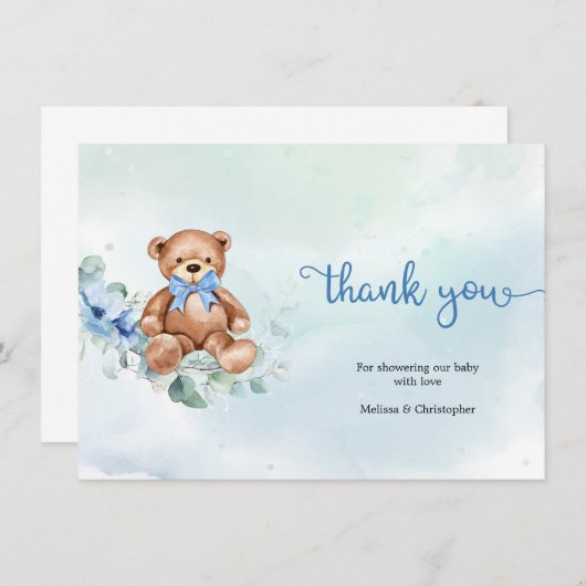 Dusty Blue Rozen en Teddy Bear Boy Baby shower Bedankkaart (Voorkant / Achterkant)