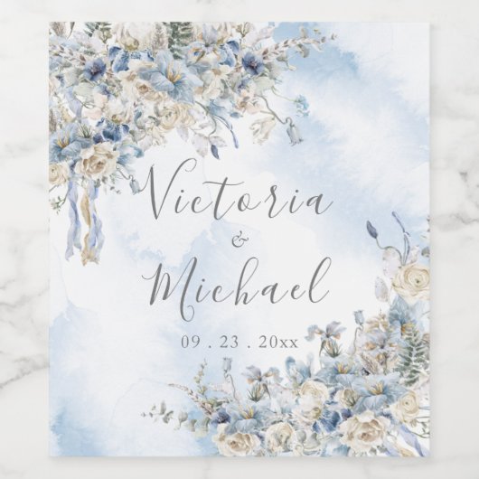 Dusty Blue Rozen Floral Gepersonaliseerde bruiloft Wijn Etiket (Enkel label)