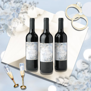 Dusty Blue Rozen Floral Gepersonaliseerde bruiloft Wijn Etiket