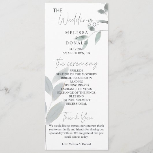 Dusty Blue Rozen Flowers Eenvoudig trouwprogramma Programmakaart (Voorkant)