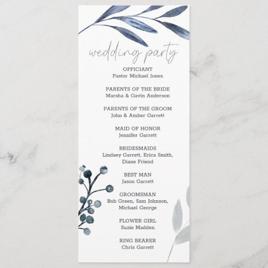 Dusty Blue Rozen Flowers Eenvoudig trouwprogramma Programmakaart (Achterkant)