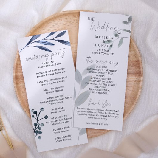 Dusty Blue Rozen Flowers Eenvoudig trouwprogramma Programmakaart