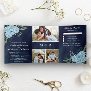 Dusty Blue Rozen Foto Collage Navy Blue Wedding Drieluik Uitnodiging