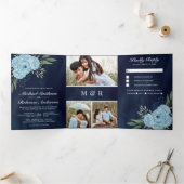 Dusty Blue Rozen Fotocollage Navy Blue Wedding Drieluik Uitnodiging (Binnen)