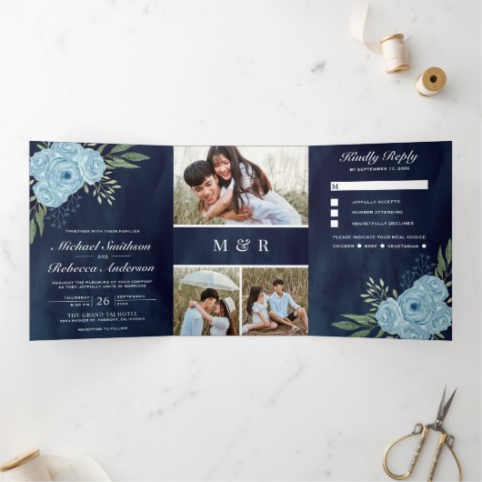 Dusty Blue Rozen Fotocollage Navy Blue Wedding Drieluik Uitnodiging (Binnen)