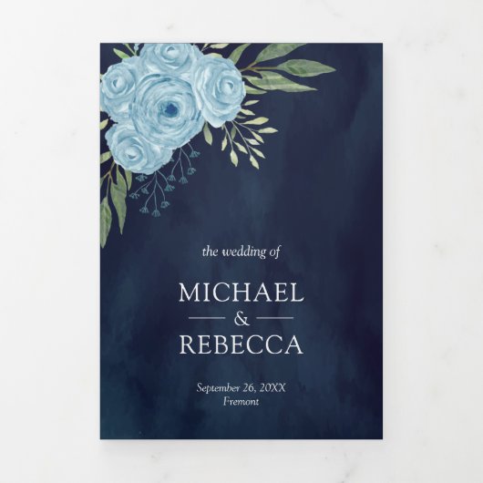 Dusty Blue Rozen Fotocollage Navy Blue Wedding Drieluik Uitnodiging (Cover)
