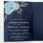 Dusty Blue Rozen Fotocollage Navy Blue Wedding Drieluik Uitnodiging (Binnenzijde eerst)