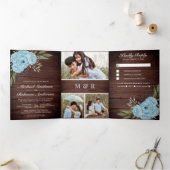 Dusty Blue Rozen Fotocollage Rustic Wood Wedding Drieluik Uitnodiging (Binnen)