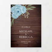 Dusty Blue Rozen Fotocollage Rustic Wood Wedding Drieluik Uitnodiging (Cover)