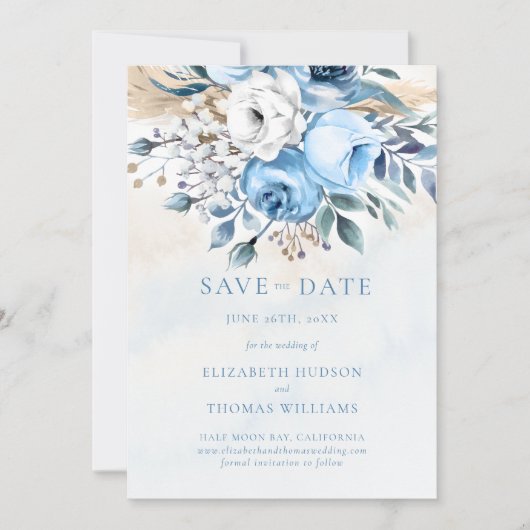 Dusty Blue Rozen Greenery Foto bruiloft Opslaan Da Kaart (Voorkant)