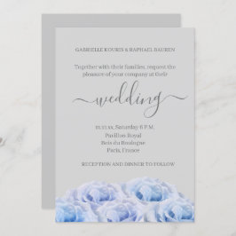 Dusty Blue Rozen Light Grey Elegant Floral Wedding Kaart