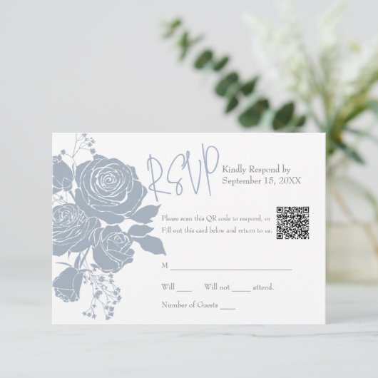 Dusty Blue Rozen met QR-code Response Kaart (Staand voorkant)