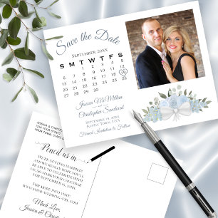 Dusty Blue Rozen Photo & Calendar Save the Date Aankondigingskaart