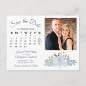 Dusty Blue Rozen Photo & Calendar Save the Date Aankondigingskaart (Voorkant)