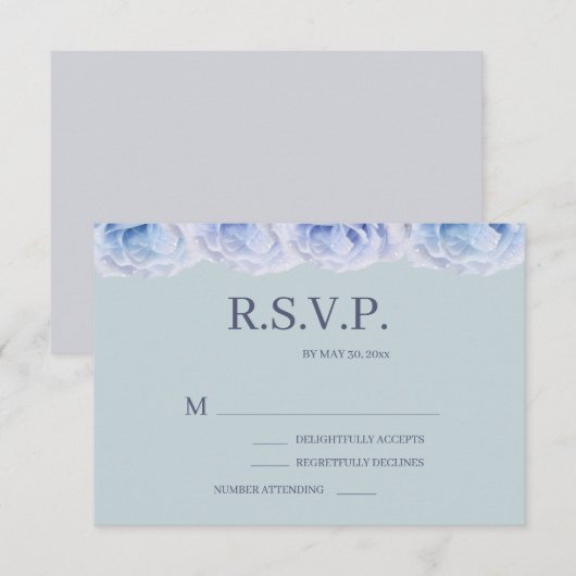 Dusty Blue Rozen Sage Elegant Floral Wedding RSVP Kaart (Voorkant / Achterkant)