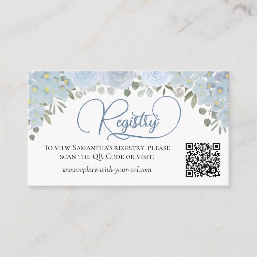 Dusty Blue Rozen Vrijgezellenfeest Registry QR-cod Informatiekaartje (Voorkant)