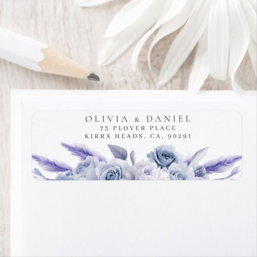 Dusty Blue Rozen Wedding Return Adres Label (Insitu)