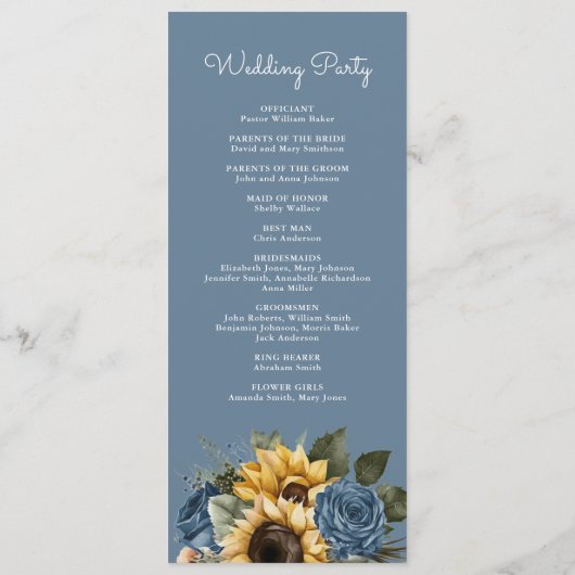 Dusty Blue Rozen Zonnebloemen Bruiloft Programmakaart (Achterkant)