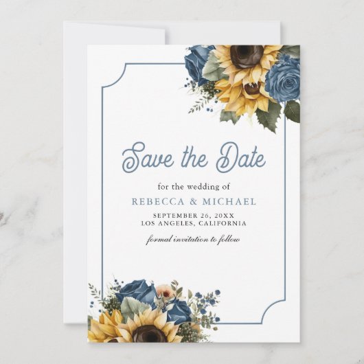 Dusty Blue Rozen Zonnebloemen Fotobruiloft Save The Date (Voorkant)