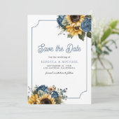Dusty Blue Rozen Zonnebloemen Fotobruiloft Save The Date (Staand voorkant)