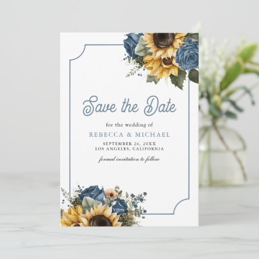 Dusty Blue Rozen Zonnebloemen Fotobruiloft Save The Date (Staand voorkant)