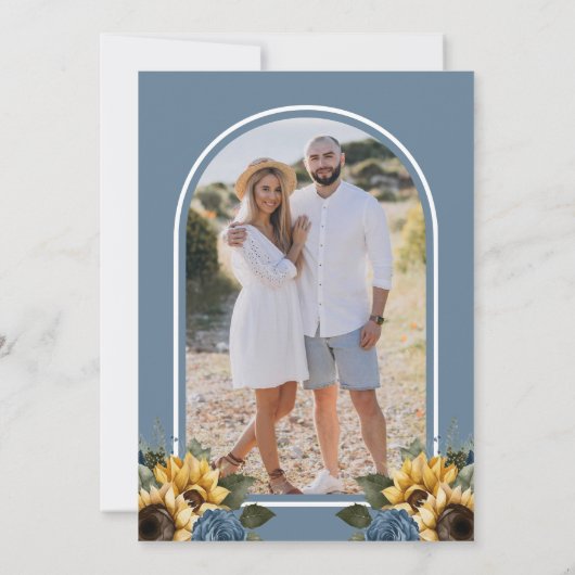 Dusty Blue Rozen Zonnebloemen Fotobruiloft Save The Date (Achterkant)