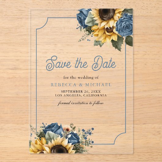 Dusty Blue Rozen Zonnebloemen Wedding Save the Dat Acryl Uitnodigingen (Voorkant)