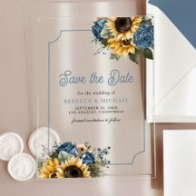 Dusty Blue Rozen Zonnebloemen Wedding Save the Dat