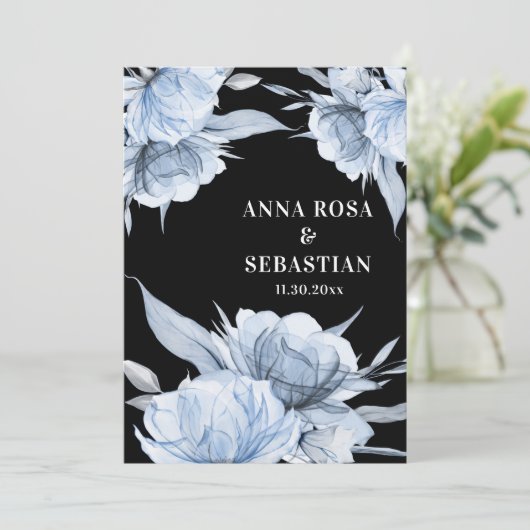 *~* Dusty Blue RSVP Floral Roos AR15 Wedding Kaart (Staand voorkant)
