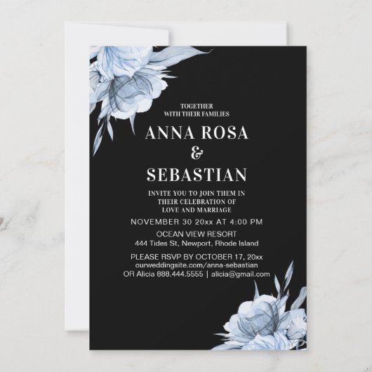 *~* Dusty Blue RSVP Floral Roos AR15 Wedding Kaart (Achterkant)