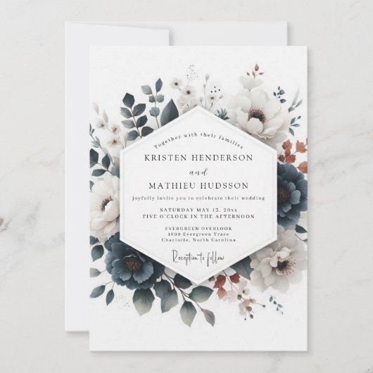 Dusty Blue Russet Flora Wedding Kaart (Voorkant)