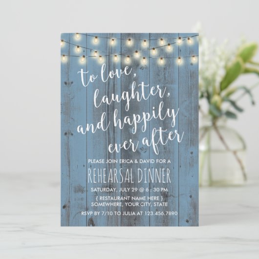 Dusty Blue Rustic Barn Wedding Rehearsal Dinner Kaart (Staand voorkant)