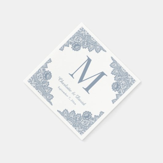 Dusty Blue Rustic Bloemen Kant Monogram Huwelijk Servet (Hoek)