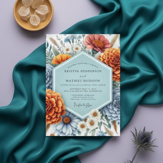 Dusty Blue Rustic Bloom Wedding Kaart