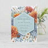 Dusty Blue Rustic Bloom Wedding Kaart (Staand voorkant)