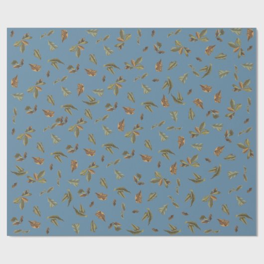 Dusty Blue Rustic Brown Leaves Cadeaupapier (Vlak)