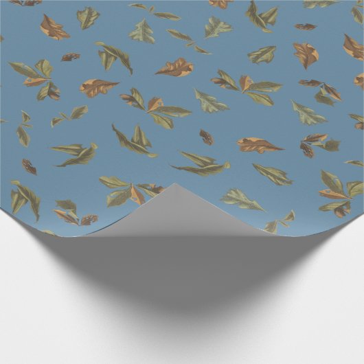 Dusty Blue Rustic Brown Leaves Cadeaupapier (Hoek)