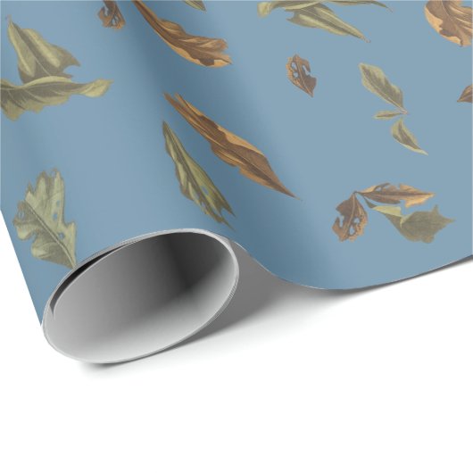 Dusty Blue Rustic Brown Leaves Cadeaupapier (Rol Hoek)