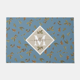 Dusty Blue Rustic Brown Leaves Family Monogramed Deurmat