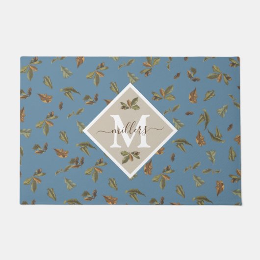 Dusty Blue Rustic Brown Leaves Family Monogramed Deurmat (Voorkant)