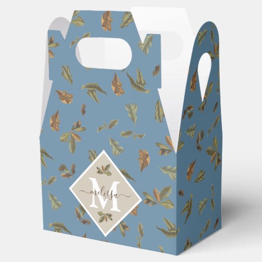 Dusty Blue Rustic Brown Leaves Monogramed Bedankdoosjes (Geopend)