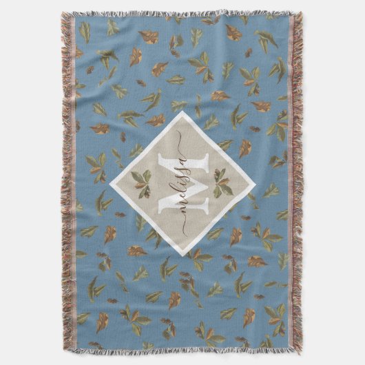 Dusty Blue Rustic Brown Leaves Monogramed Deken (Voorkant Verticaal)